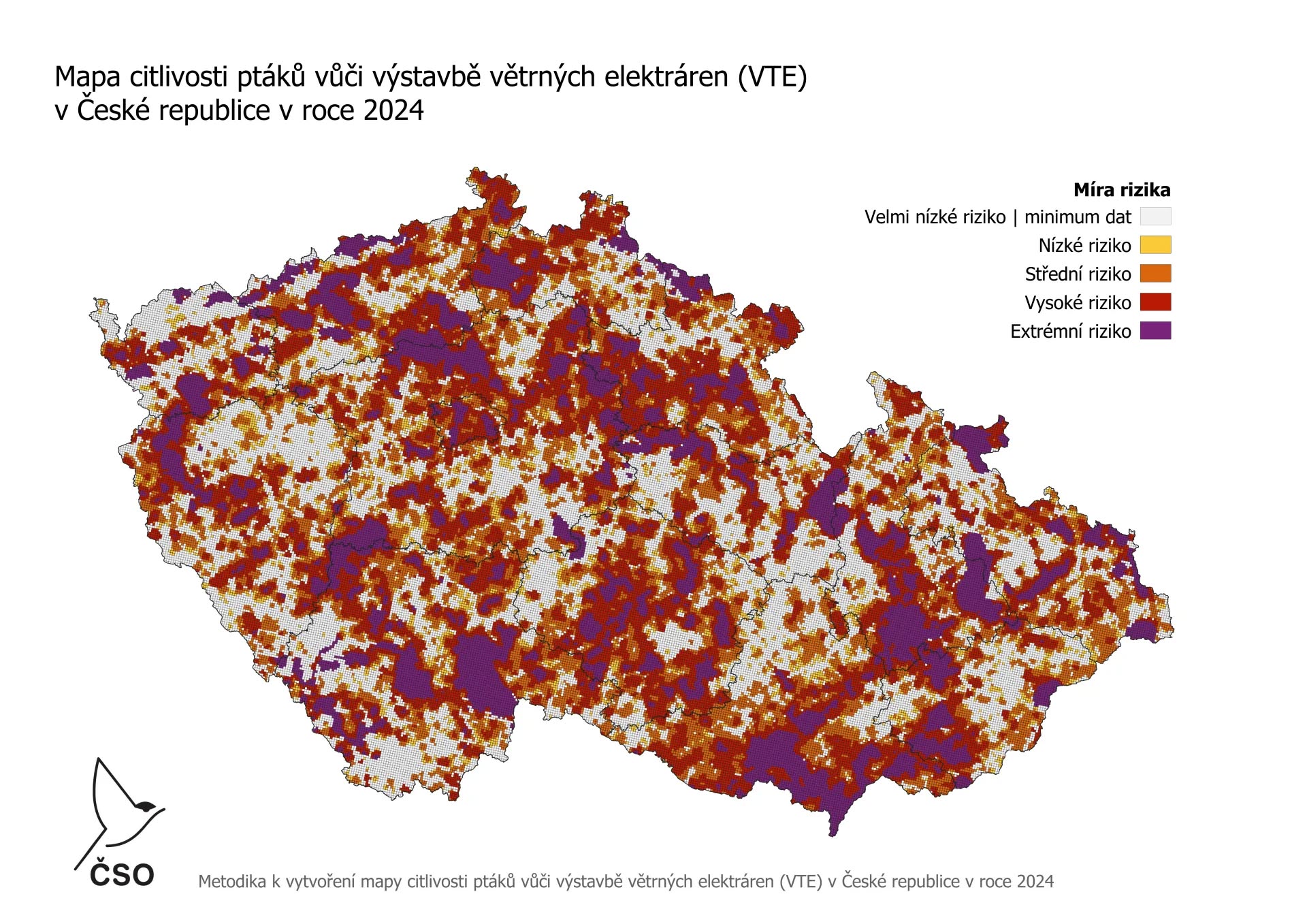 Рис. 3. Території різного ступеня ризику для птахів від ВЕС (Чеська республіка)