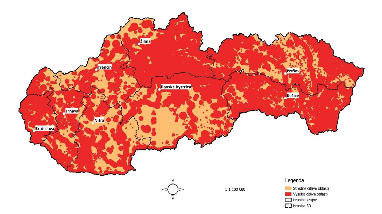 Лише 24 % території є безпечними для птахів від ВЕС (позначені помаранчевим) у Словаччині.