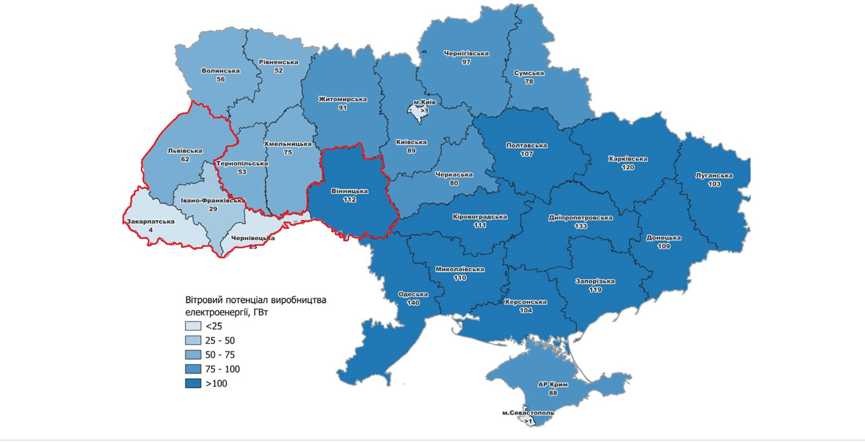 Мапа вітропотенціалу України по областях (дані дослідження науковців Інституту сталого майбутнього на базі Технологічного університету Сіднея для Greenpeace Німеччина). Цільова територія Проєкту прискореного розвитку відновлювальної енергетики в Україні виділена червоною лінією.