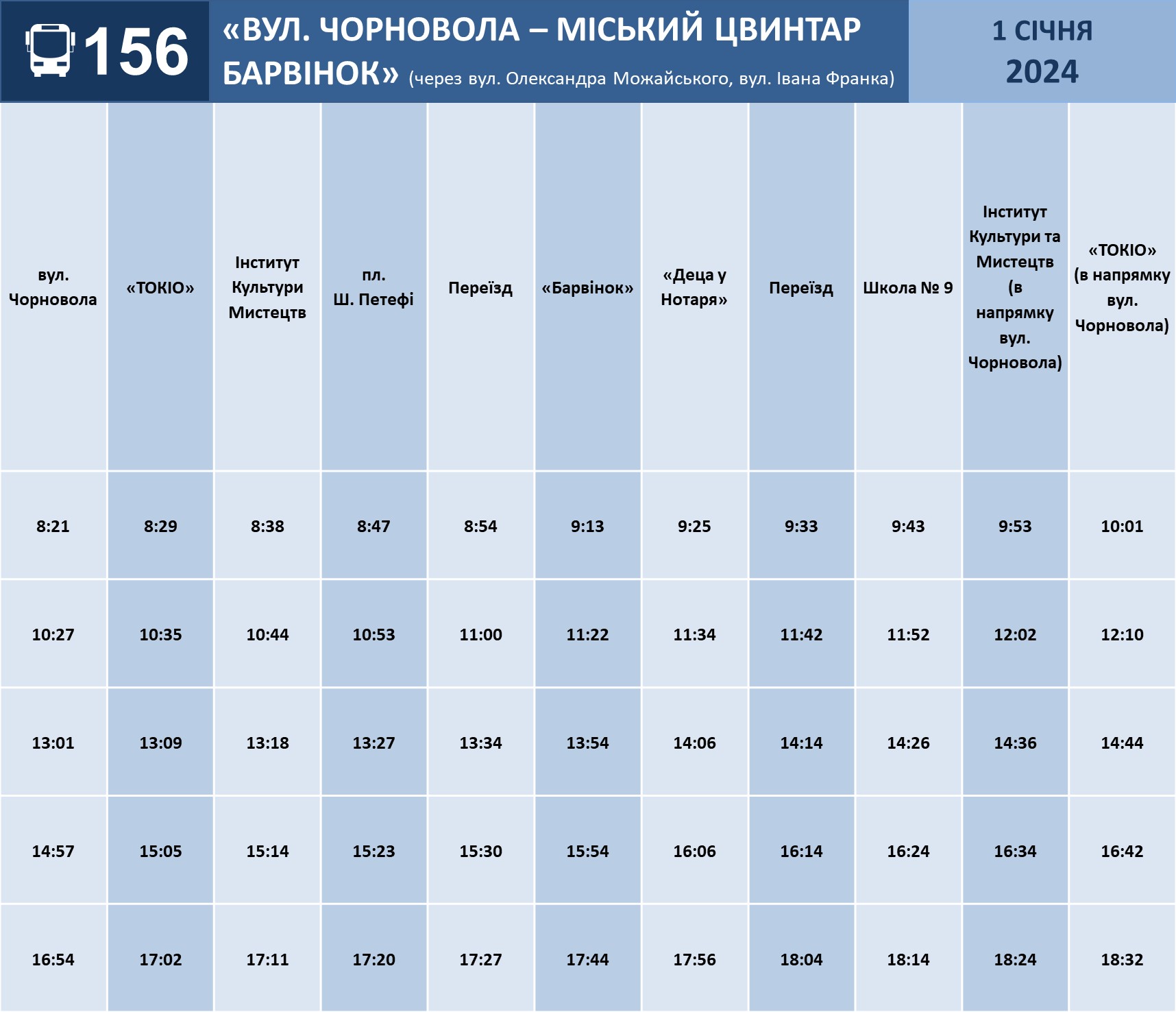 156 маршрут працюватиме за таким графіком 