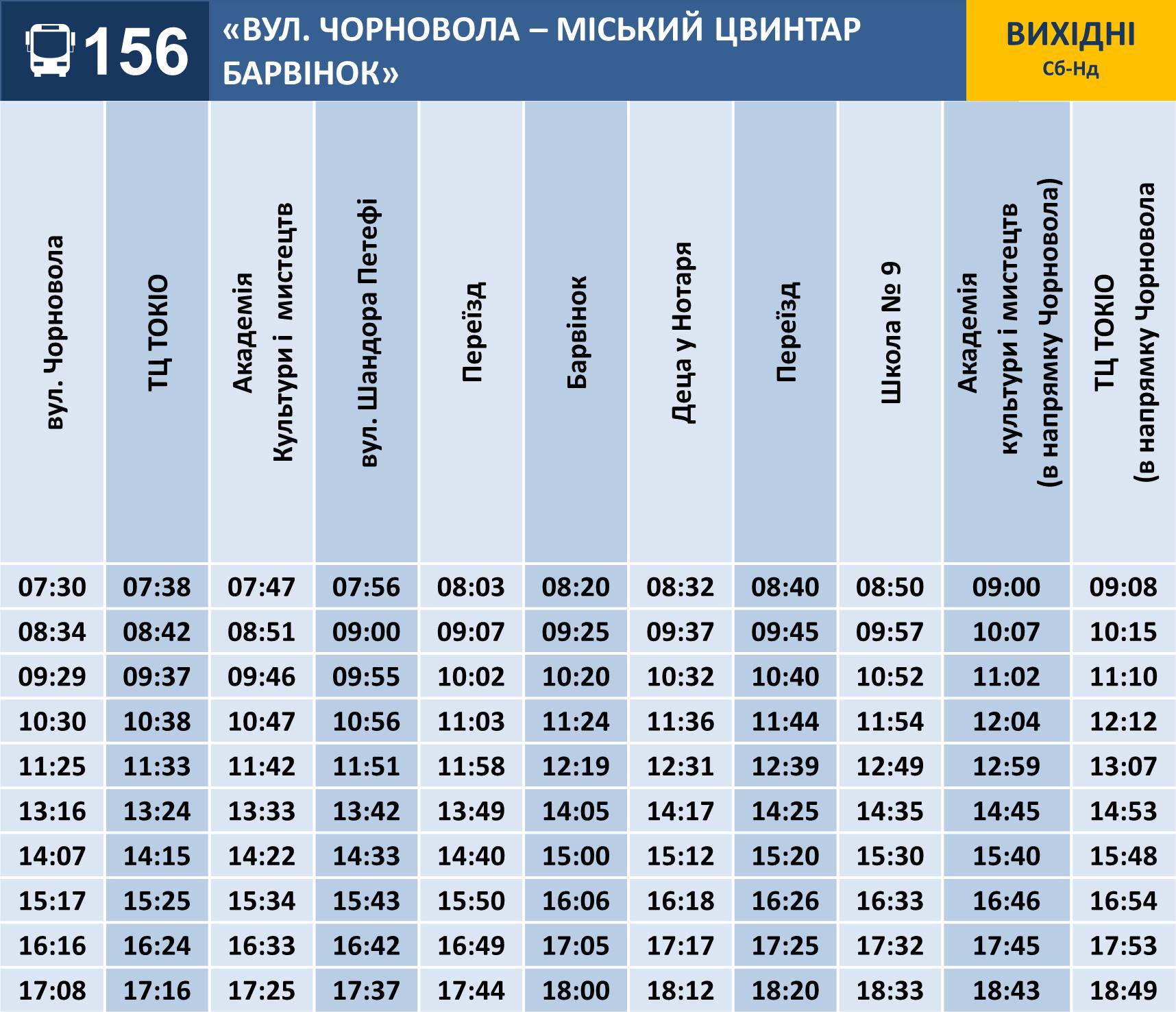 Розклад руху 156-ї маршрутки (Ужгород, вихідні)