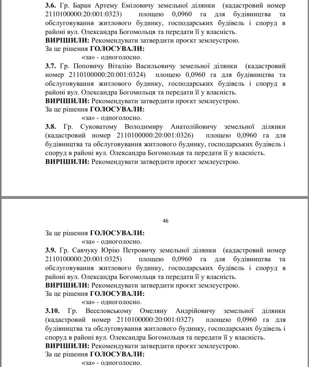 Протокол засідання земельної комісії зі сторінки Олександра Волосянського