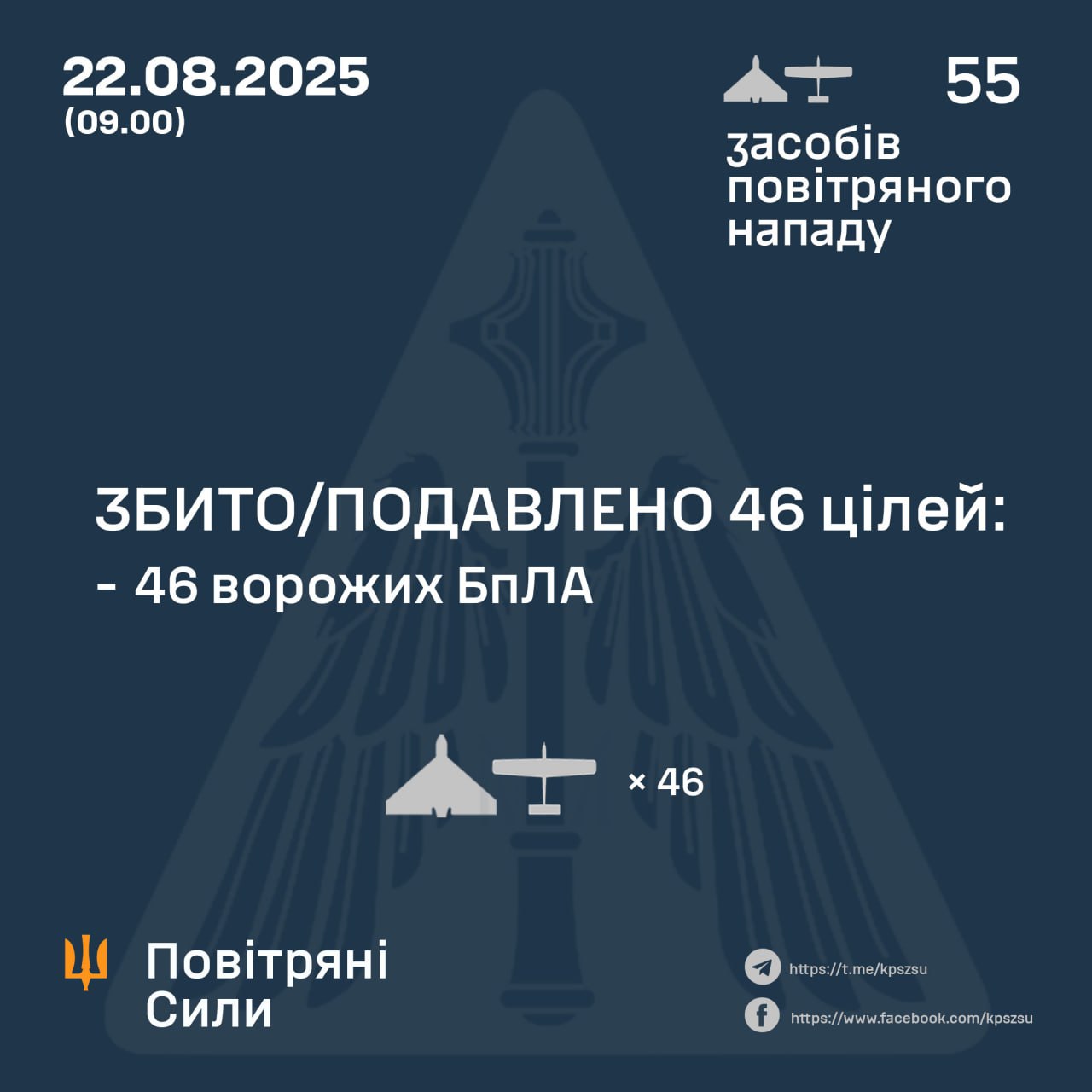 Нічна атака 22 серпня: знешкодили 46 російських БпЛА