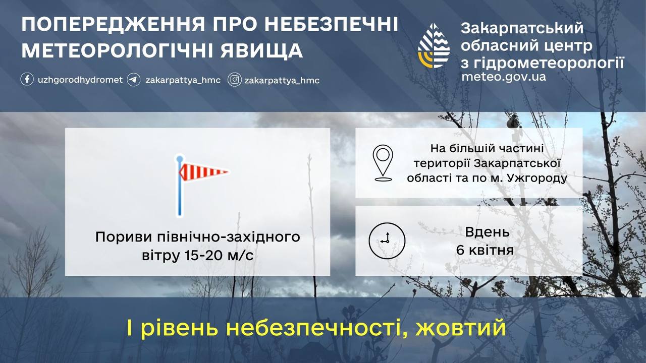 Синоптики попереджають про сильний вітер на Закарпатті 6 квітня
